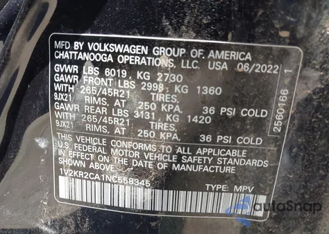 2022 Volkswagen Atlas 3.6L V6 Se W/Technology из США, поврежденный, VIN 1V2KR2CA1NC558345